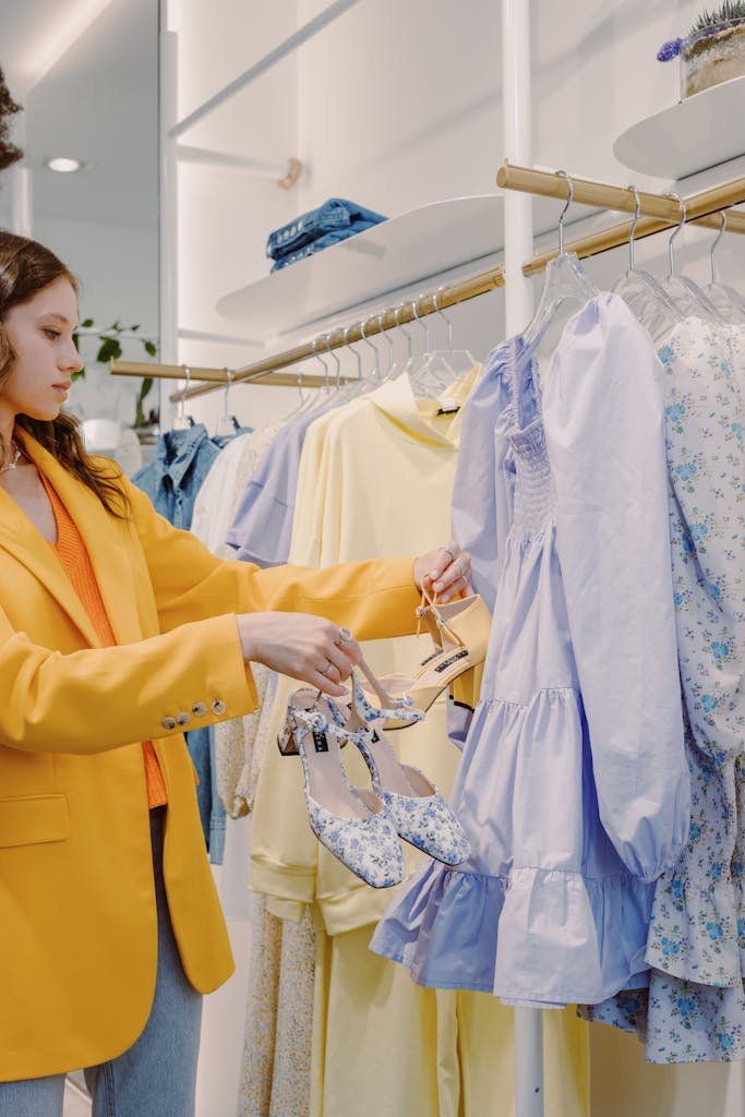 Woman in Yellow Blazer Holding Blue and Yellow Shoes