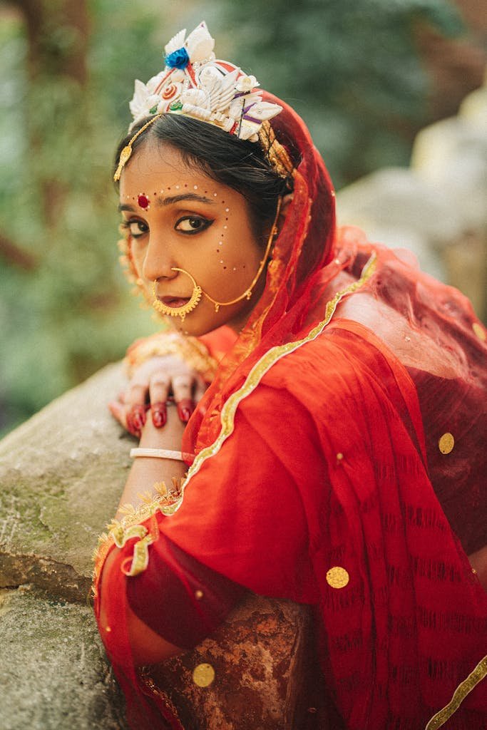 Young Woman in Traditional Costume and Accessories